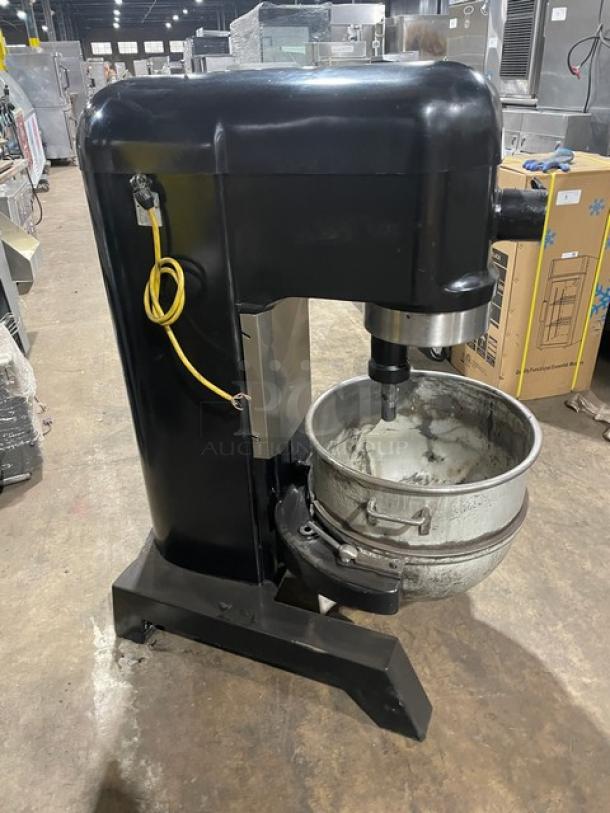 Hobart L800 black electric-powered 80 Qt planetary mixer with mixing bowl, on legs, 208V 3 Phase, SN: 11-136-496.