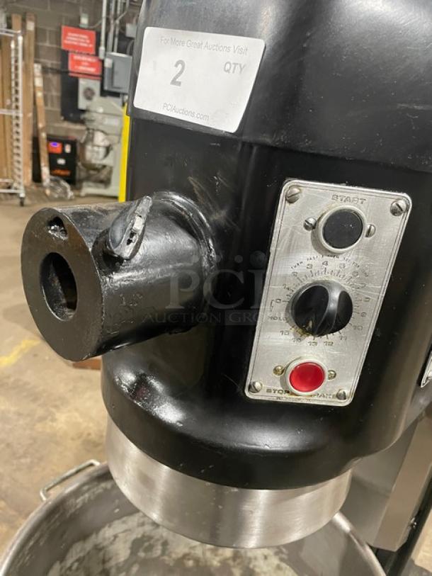 Hobart L800 black commercial 80 Qt. electric planetary mixer, 208V 3 phase, with mixing bowl. Model and controls visible.