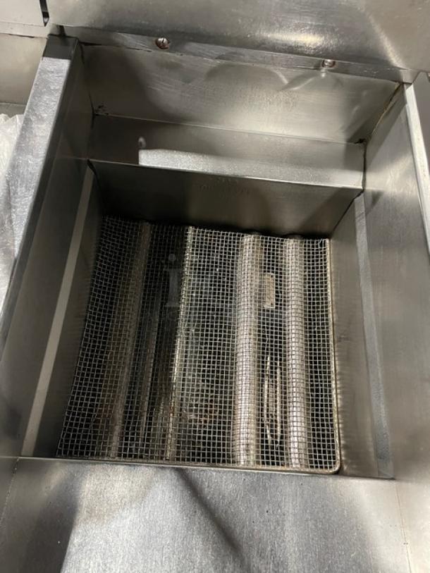 Pitco Frialator SG14JS deep fat fryer, stainless steel, triple-bay, digital control, basket hanger, on casters.