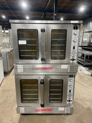 Southbend SL-Series commercial double stacked stainless steel gas convection oven on casters, includes wired oven rack.