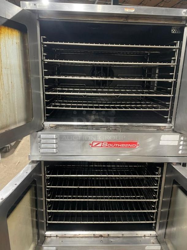 Southbend SL-Series double-stacked stainless steel gas convection oven on casters, with wired racks, commercial use.