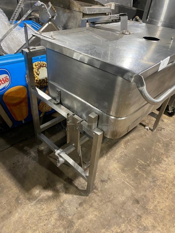 Groen NHFPE4 commercial stainless steel tilt skillet, 40-gallon capacity, with single spout faucet. Gas powered, on legs.