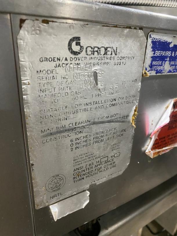 Groen Commercial Stainless Steel Natural Gas 40 Gal. Tilt Skillet, Model NHFPE4, Serial N1330-CF, with single spout faucet.