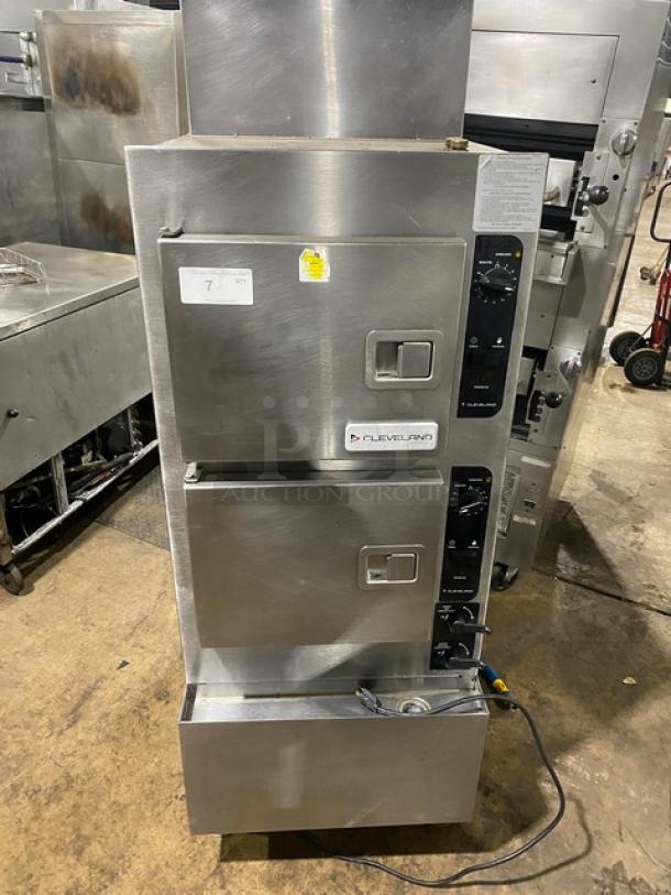 Cleveland Range stainless steel natural gas convection steamer, model 24CGA62S, dual compartments, SureCook controls, pan racks.