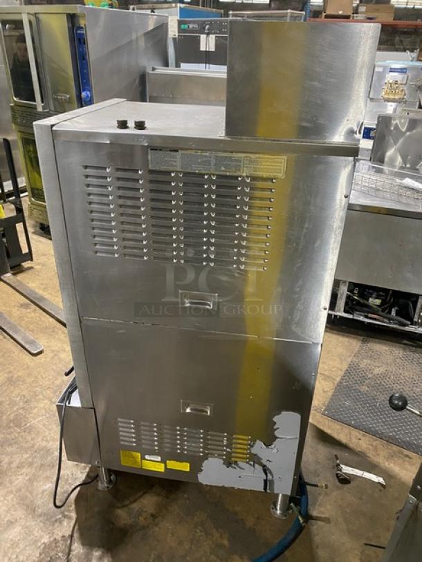 Cleveland Range 24CGA62S stainless steel natural gas dual compartment convection steamer. Features SureCook controls and pan racks. Model 24CGA6.2S, SN: 190423050662, 115V 1 Phase.