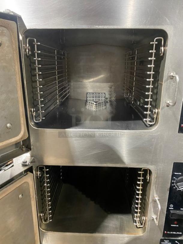 Cleveland Range stainless steel gas convection steamer, model 24CGA6.2S, dual compartments, SureCook controls, built-in pan racks.
