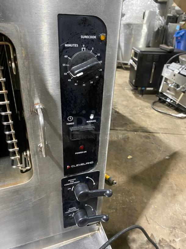 Cleveland Range Model 24CGA6.2S stainless steel steamer with SureCook controls, dual compartments, built-in pan racks.
