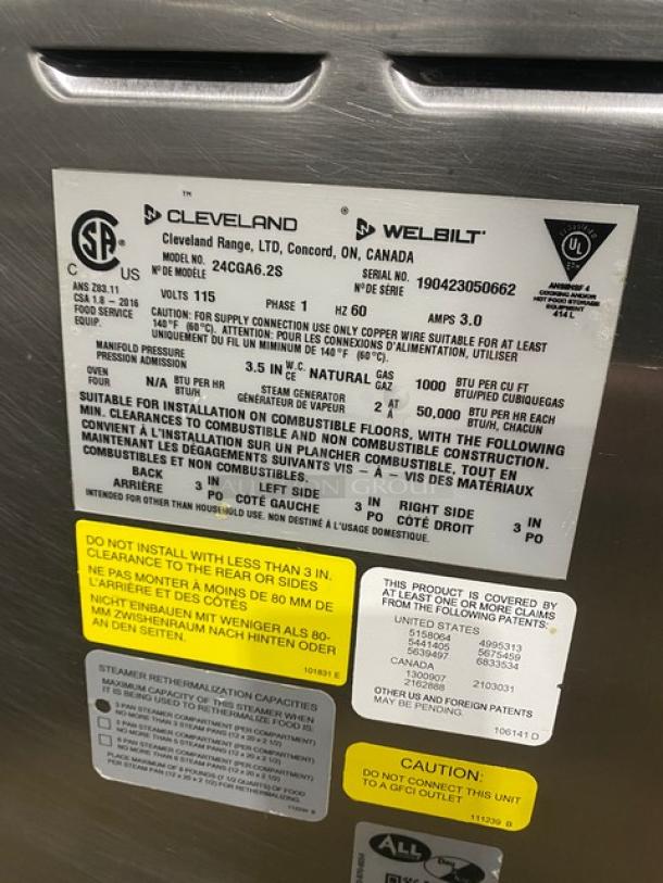 Cleveland Range commercial stainless steel convection steamer, model 24CGA6.2S, natural gas, dual compartments, SureCook controls, pan racks.