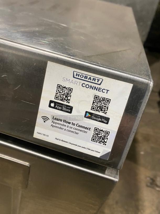 Hobart Advansys LXNR commercial undercounter dishwasher, stainless steel, Energy Star, QR code displayed, Model: LXNR.