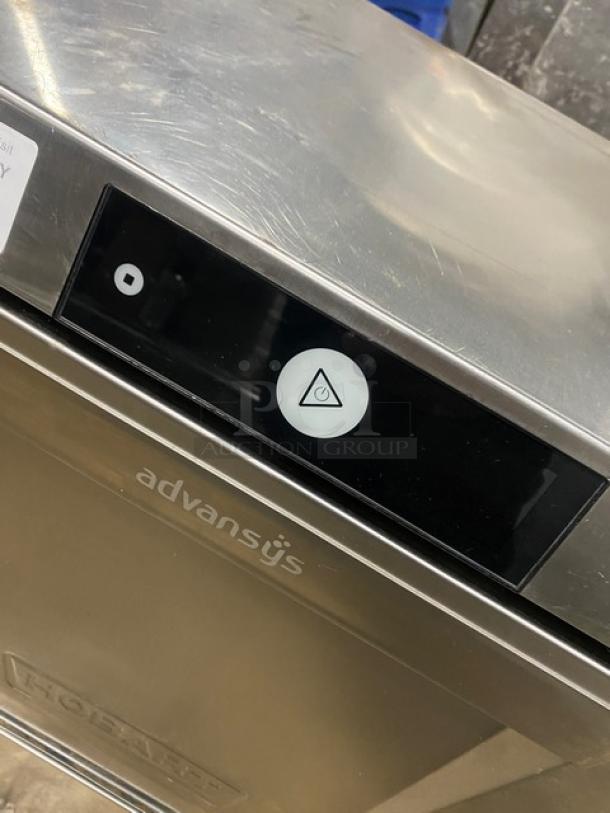 Hobart Advansys LXNR high-temp undercounter dishwasher, stainless steel, Energy Star certified, in good condition.