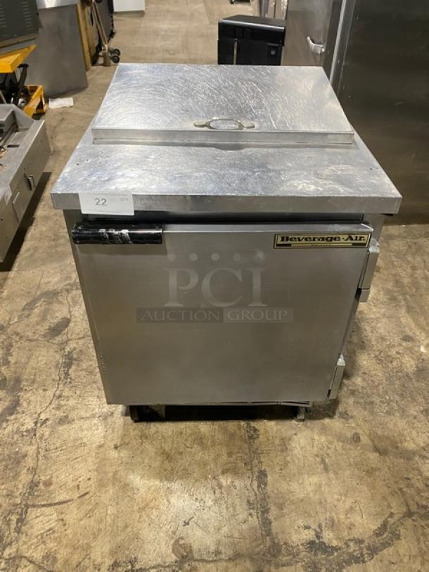 Beverage-Air SP27 refrigerated prep table, stainless steel, single door, poly-coated rack, on casters, model 8108534.