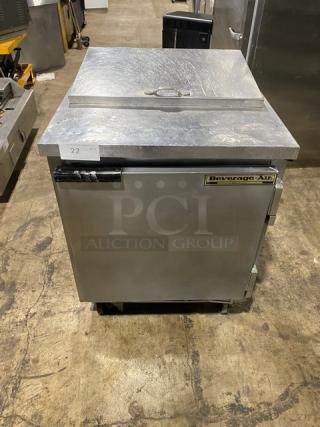 Beverage-Air SP27 refrigerated prep table, stainless steel, single door, poly-coated rack, on casters, model 8108534.