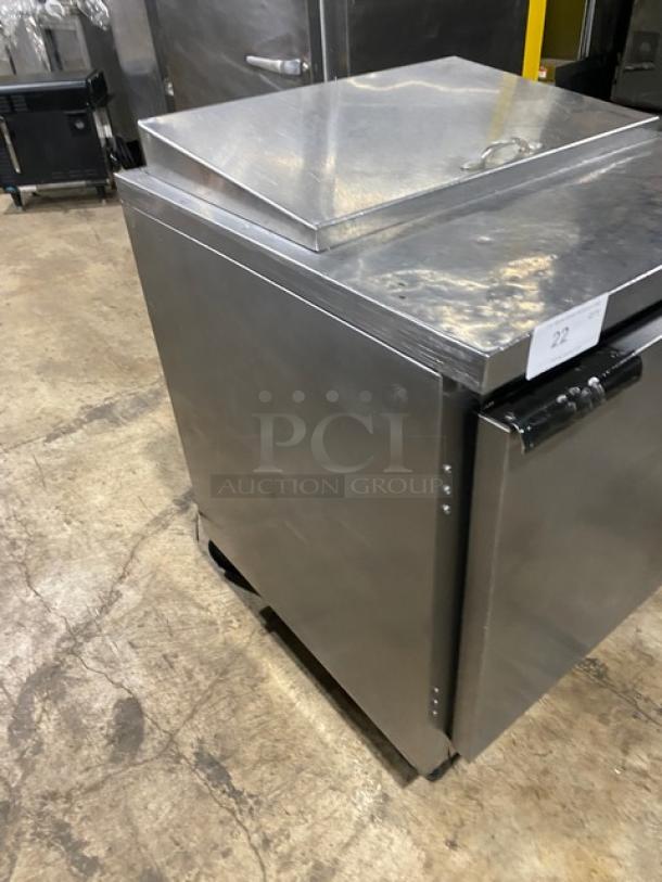 Beverage-Air stainless steel single door refrigerated prep table, Model SP27, with poly-coated rack, on casters.