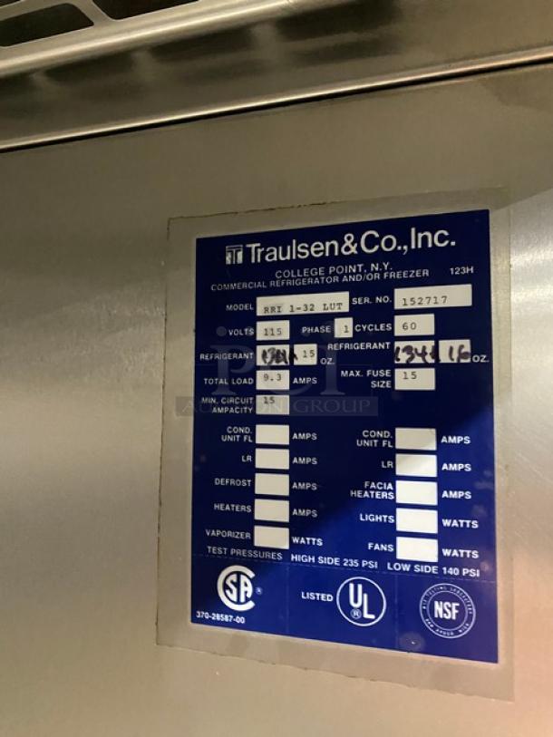 Traulsen stainless steel roll-in refrigerator, Model RRI132LUT, SN 152717, 115V 1 Phase. Features UL and NSF labels.