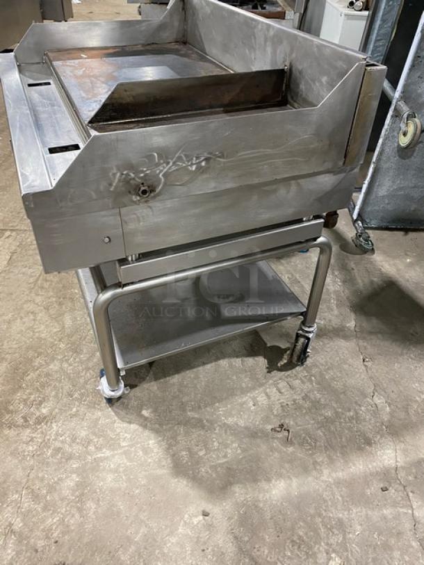 WoodStone commercial stainless steel griddle, model WS-PL-4836-4-CT00NG, with back/side splash, undershelf, on casters.