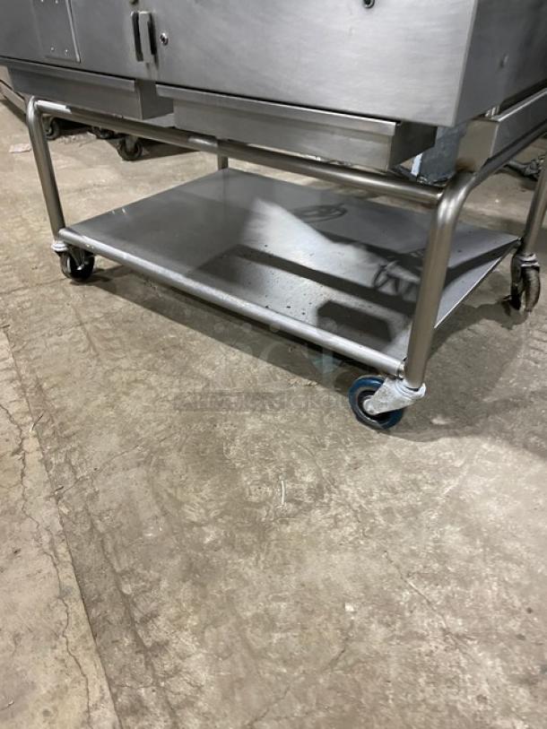 WoodStone stainless steel natural gas split top plancha flat griddle on casters with undershelf. Model WS-PL-4836-4-CT00NG.