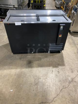 True Commercial 50" Black Bottle Cooler with stainless steel worktop, dual sliding lids, model TD-50-18, SN 6945613, 115V, 1 phase.