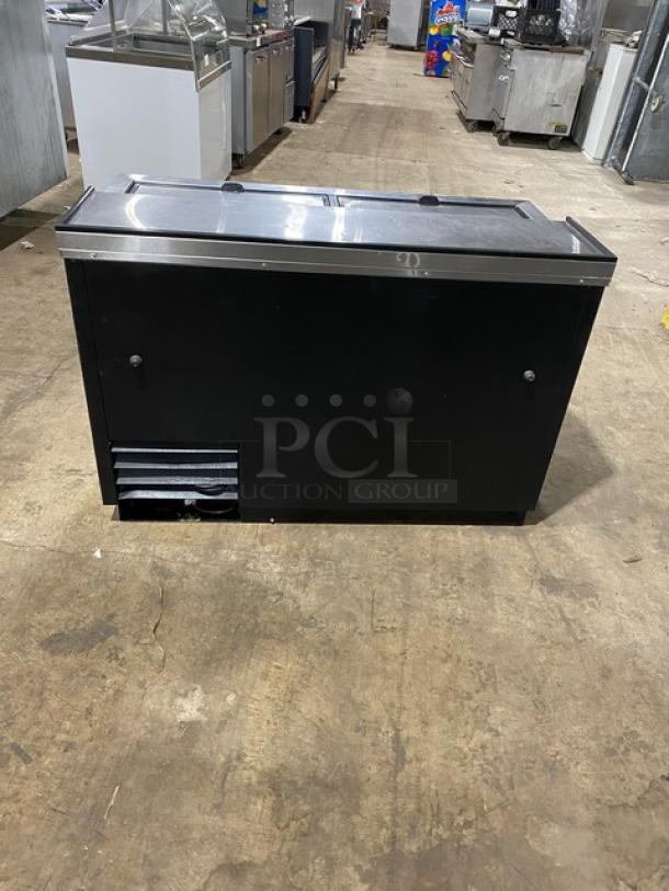 True Commercial 50" Black Bottle Cooler, Model TD-5018, with stainless worktop, dual sliding lids, used condition.