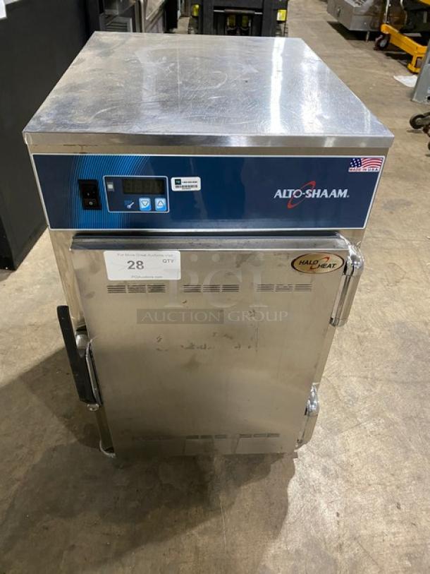 Alto-Shaam Model 500-S stainless steel heated holding cabinet with universal pan rack, on casters. Serial #2641908-000.