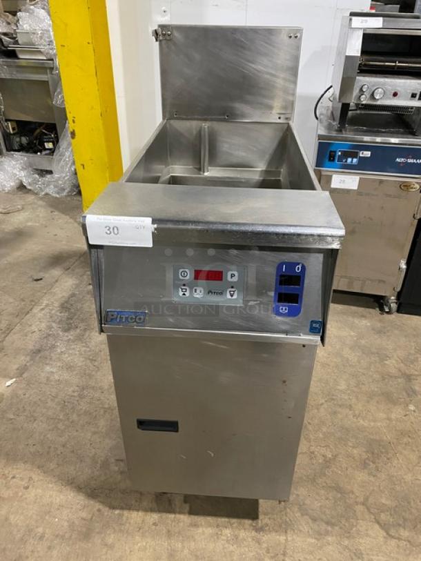 Pitco SRTE commercial stainless steel electric pasta cooker, 16.5-gal capacity, digital control, with backsplash, on legs.