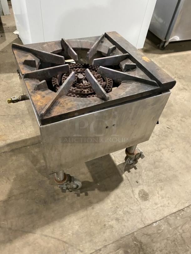 U.S. Range natural gas single burner stock pot range on casters; used, good condition, stainless steel body.