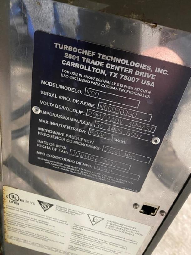 TurboChef NGO rapid cook oven with digital controls, serial NGOD30390, 208/240V, 6200W, manufactured in January 2017.