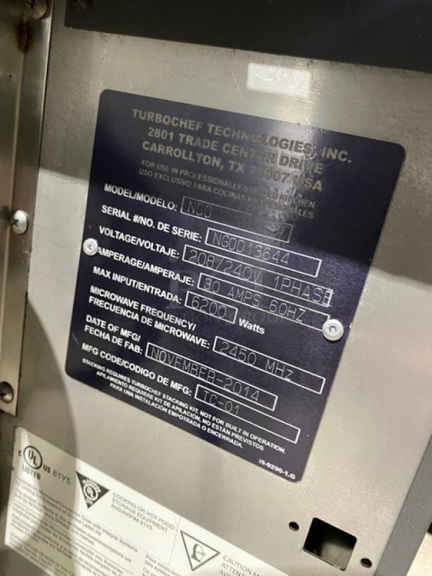 TurboChef NGO rapid cook oven, electric, tabletop, digital controls, SN: NGOD13644, 208/240V, 30 Amps, on legs.