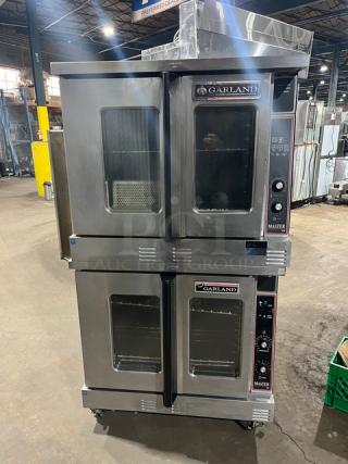 Garland Master 200/300 Series double stacked convection oven, natural gas, view-through doors, wire racks, commercial casters.
