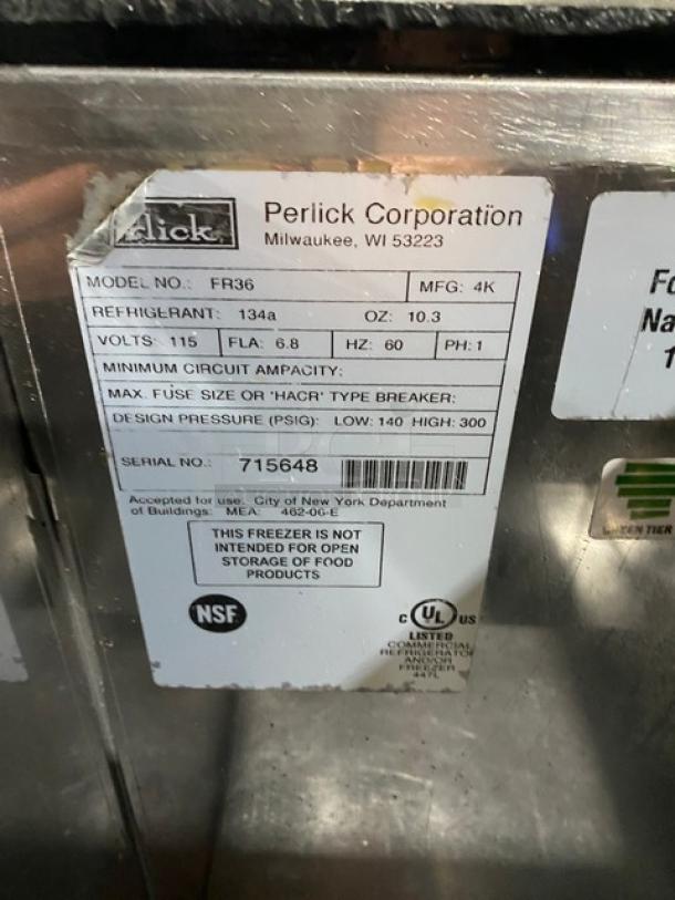 Perlick FR36 Commercial Stainless Steel Glass Chiller, 115V, 1 Phase, on casters, Serial No. 715648, NSF certified.