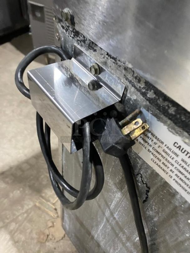 Perlick FR36 commercial stainless steel glass chiller on casters, 115V 1 Phase, visible power cord and caution label.