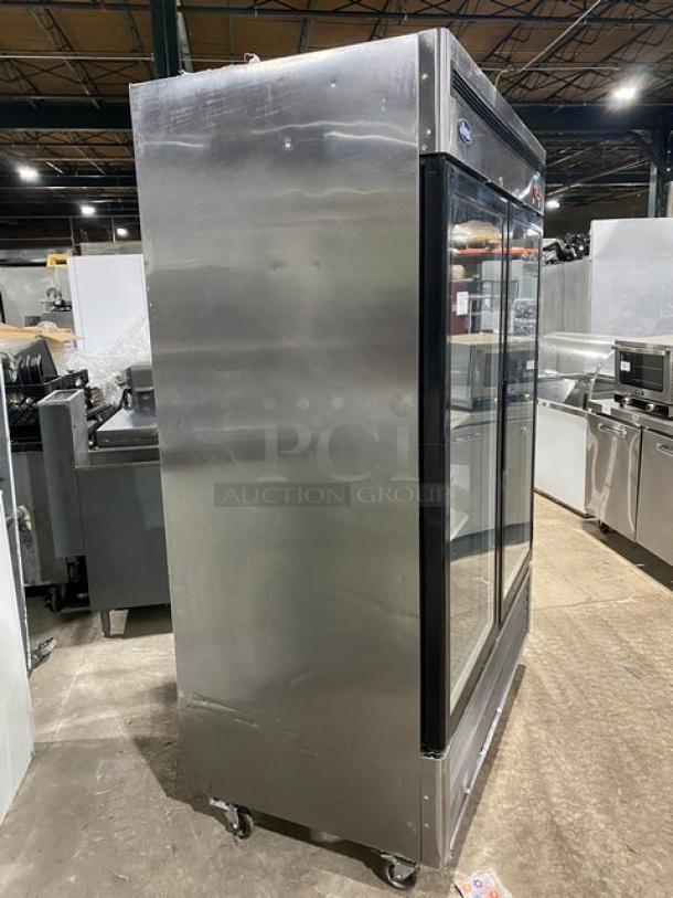 Atosa B Series double glass door reach-in merchandiser refrigerator, model MCF8707, on casters, stainless steel.