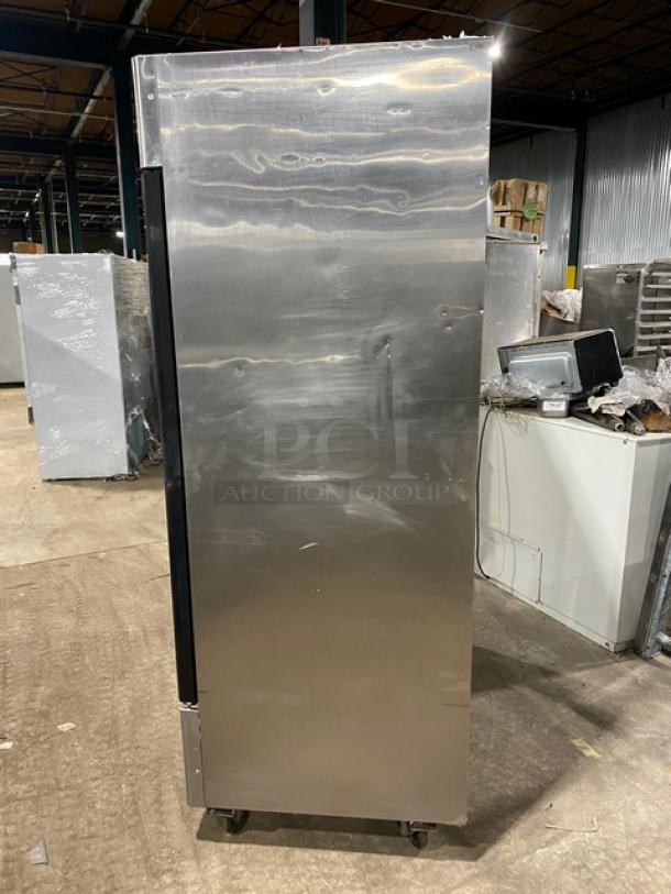 Atosa MCF8707 stainless steel double glass swing door merchandiser refrigerator, on casters, 115V, with poly coated wired rack.