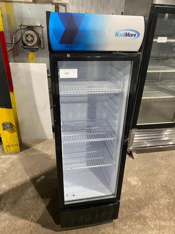 KoolMore Commercial Black Single Glass Door Refrigerator, Model MDR-9CP, features poly-coated wire rack, 115V, clean condition.