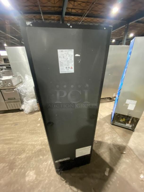 KoolMore Commercial Refrigerator, Model MDR-9CP, black glass door, poly-coated wire rack, 115V. Tags visible.