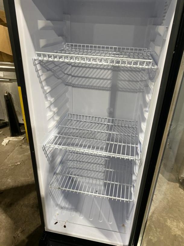 KoolMore Commercial Black Single Glass Door Refrigerator, Model MDR-9CP, with poly-coated wire racks, 115V. Clean interior.