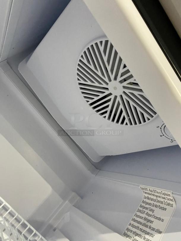 KoolMore commercial fridge interior view, featuring fan, control dial, and poly-coated wired rack; Model MDR-9CP, 115V.