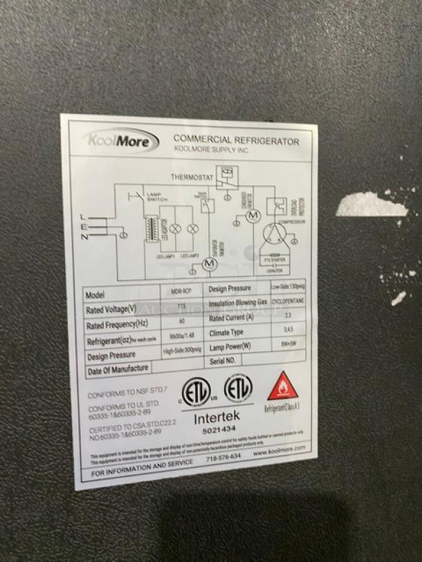 KoolMore Commercial Black Single Glass Door Merchandiser Refrigerator, Model MDR-9CP, 115V, features poly-coated wired rack.