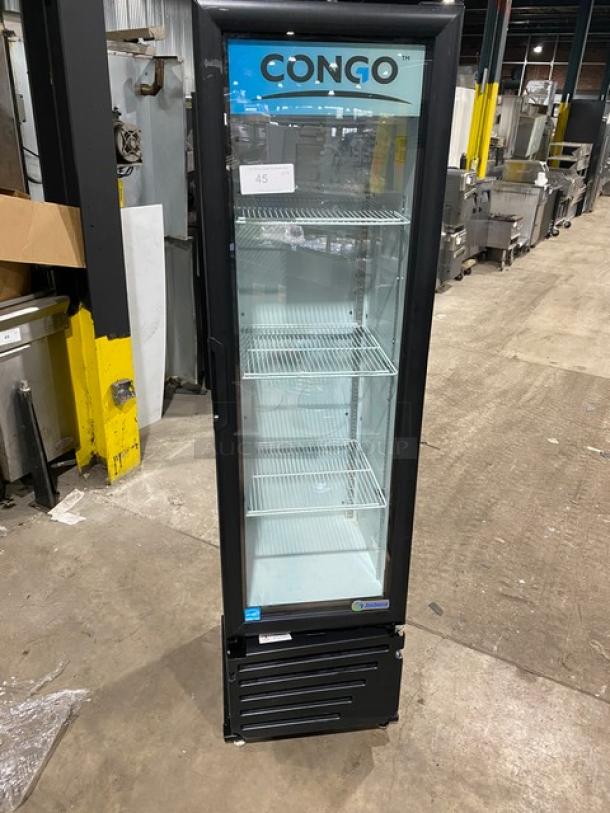 Imbrera Congo Style black glass swing door refrigerator, Model VR08R6, with poly-coated racks, Energy Star certified.