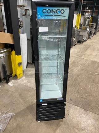Imbrera Congo Style black glass swing door refrigerator, Model VR08R6, with poly-coated racks, Energy Star certified.