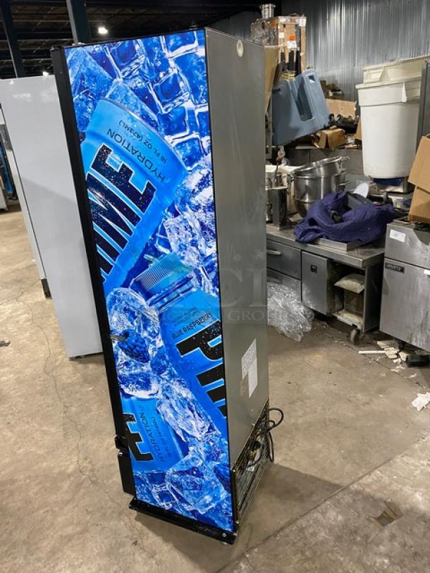 Imbrera VR08R6 single glass door merchandiser refrigerator, black, with poly-coated rack, Energy Star certified.