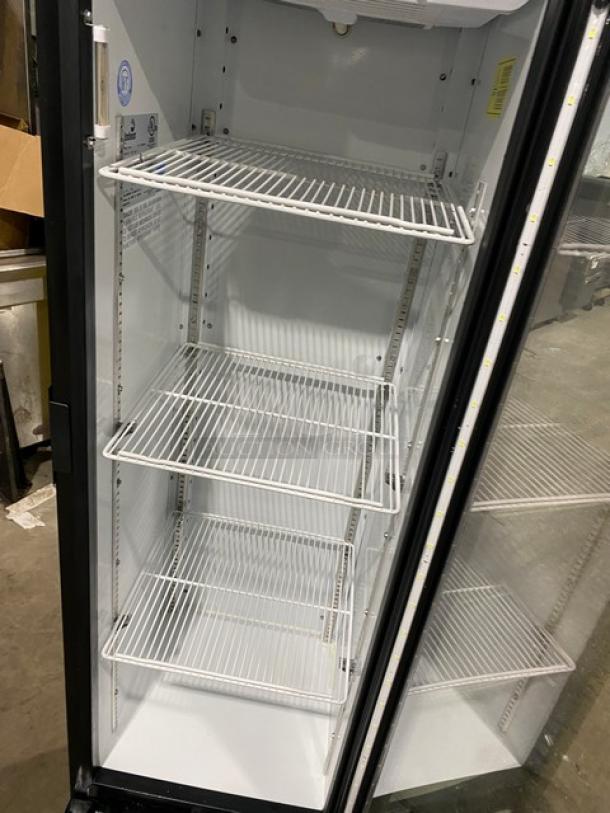 Imbrera VR08R6 black single glass door merchandiser refrigerator with poly coated wired racks; Energy Star certified.