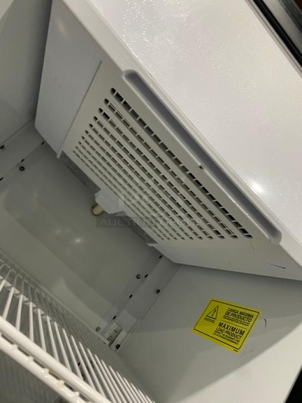 Imbrera VR08R6 commercial black single glass swing door merchandiser refrigerator, poly coated rack, Energy Star certified.