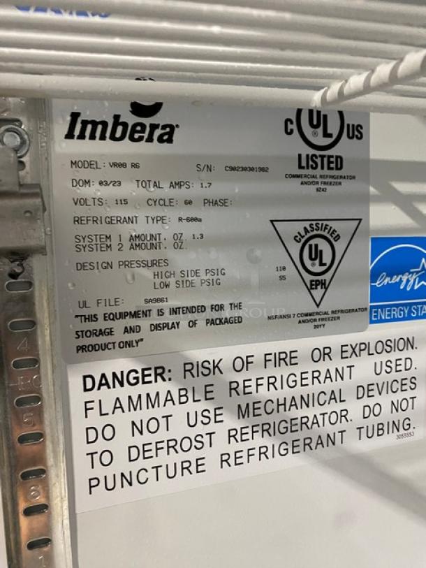 Imbrera VR08R6 black commercial refrigerator, single glass swing door, poly coated wire rack, Energy Star certified, 115V.