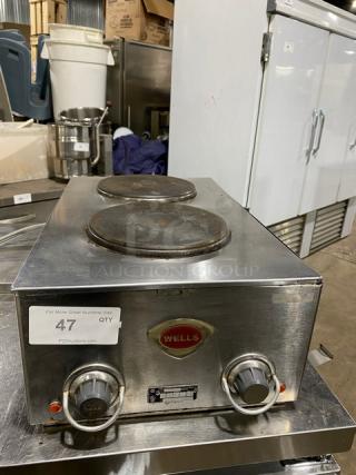 Wells Commercial Stainless Steel 2-Burner Electric Hotplate, Front-to-Back, Individual Controls, Used, Model Tag Visible.