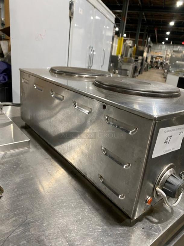 Wells commercial stainless steel 2-burner hotplate, electric powered, front-to-back design, individual controls, good condition.