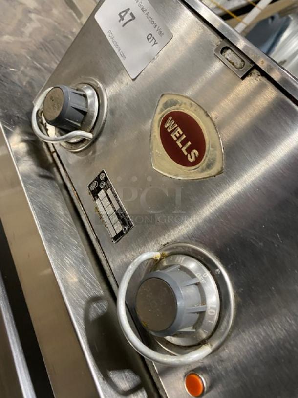 Wells stainless steel 2-burner electric hotplate with individual controls. Visible labels and brand emblem.