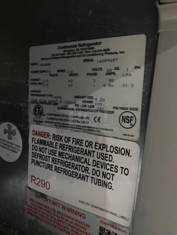Continental 3-Door Stainless Steel Refrigerated Prep Table, Model RA6BNB, with poly-coated rack, on casters, 115V, 1 Phase.