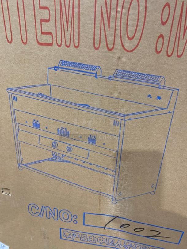 Brand new Gaoji Gorgeous stainless steel gas fryer, Model MHGF2T46F, double tank, free-standing on legs, commercial use.