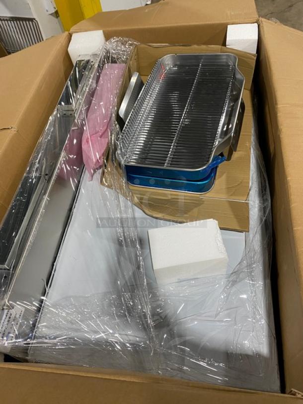 Brand new Gaoji Gorgeous MHGF2T46F stainless steel gas fryer, free-standing, double tank, in packaging, with accessories.