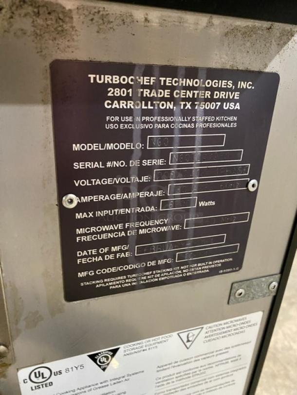 TurboChef NGO rapid cook oven label, black, electric, 2021 model, SN: NGOTD44230, 208/240V, ventless with crank bar, on legs.